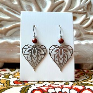 Handmade Heart and Red Jasper Stainless Steel Earrings - 1.5” Drop - New